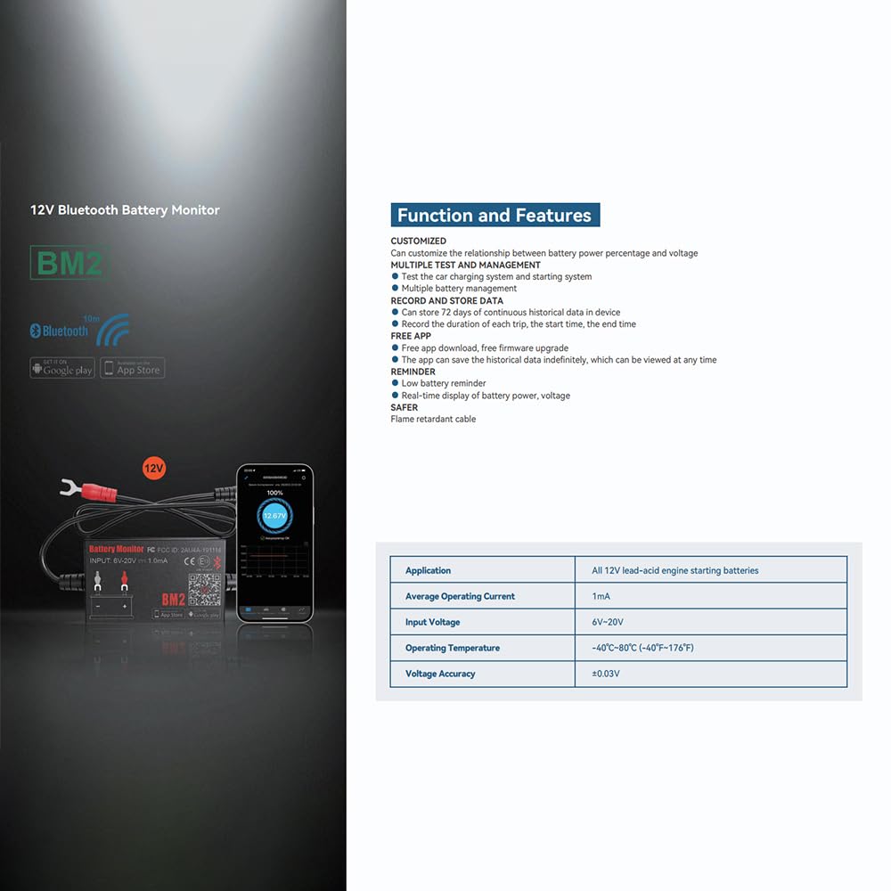 BM2 12V Tester Akumulatorów Bluetooth 4.0 Bezprzewodowy Napięcia