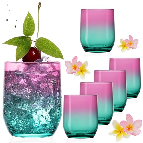 PLATINUX Juego de 6 vasos de cristal de color rosa turquesa de 200 ml (máx. 320 ml)