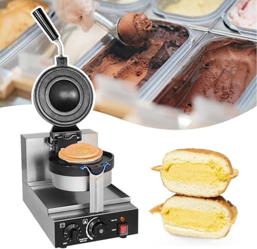 Image of Commercial Ice Cream Waffle Baker Machine,Single Head Hot Press Hamburger Toaster,Adjustable Temperature 50-300℃ - 5 Min Timer Double Sided Heating Non Stick Coating