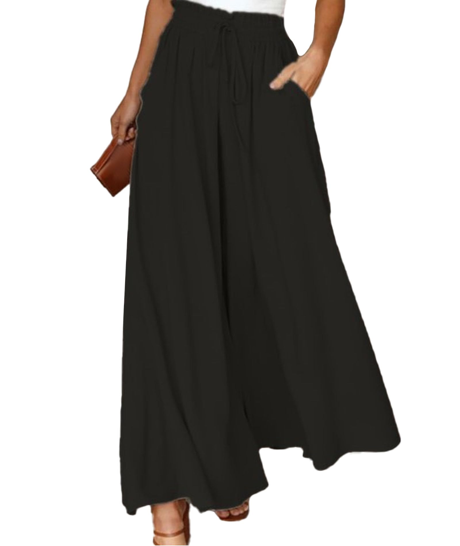 ECDAHICC Women Palazzo Pants Boho Wide Leg Elastic Waist Pants with Pockets Beach Vacation Outfits