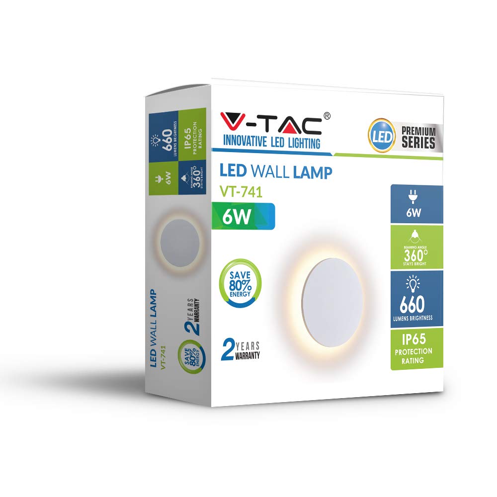 V-TAC 6W Dekorative LED runde Wandleuchte Backlit Wasserfest, Weiß Druckguss-Aluminium Gehäuse IP65 – Sensorkompatibel moderne Leuchte für Wohnzimmer, Schlafzimmer, Außenbereiche 4000K Tageslichtweiß