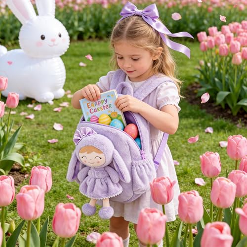 Image of Gloveleya Back to School Gifts for Girls Bunny Toddler Backpack Plush Bag Baby Gift for Girl 2+ Years Old with Detachable Purple Rabbit Doll