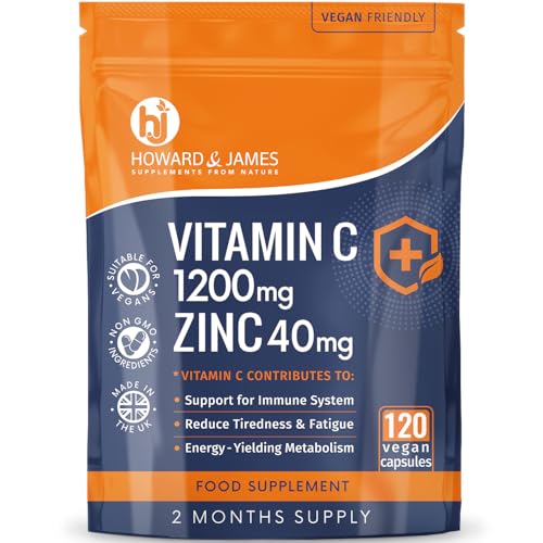 Vitamin C 1200mg and Zinc 40mg per Daily Serving - 120 High Strength Vegan Capsules with Ascorbic Acid - 2 Month Supply - Made in The UK by Howard & James
