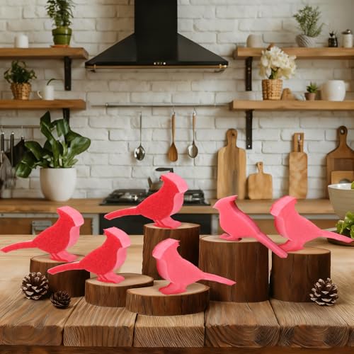 Image of Tioncy 12 Pack Christmas Red Bird Kitchen Sponges Red Cardinal Bulk Dual Sided Scrubber Sponges Dishwashing Kitchen Cleaning Accessories for Christmas Xmas Household Supplies