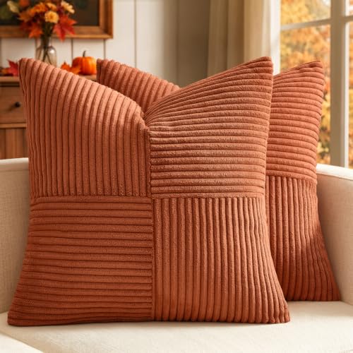 Image of MIULEE Burnt Orange Decorative Throw Pillow Covers 20x20 Inch for Couch Bed Sofa Pack of 2 Fall Boho Farmhouse Throw Pillows Soft Cross Corduroy Patchwork Textured Cushion Cases