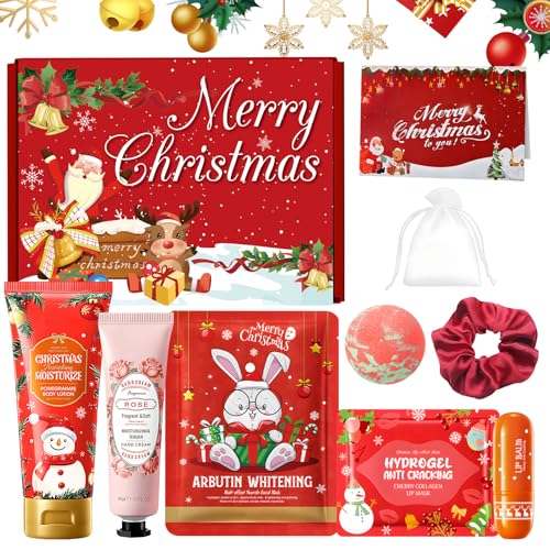 Coffret Femme Noel, 9 Pièces Soin Femme Coffret Cadeau, con Body Lotion, Creme Main Noel, Masque Hydratant Visage, Masque Levre, Baume Levre, Bombe de Bain femmes, Chouchou noel, Carte Voeux