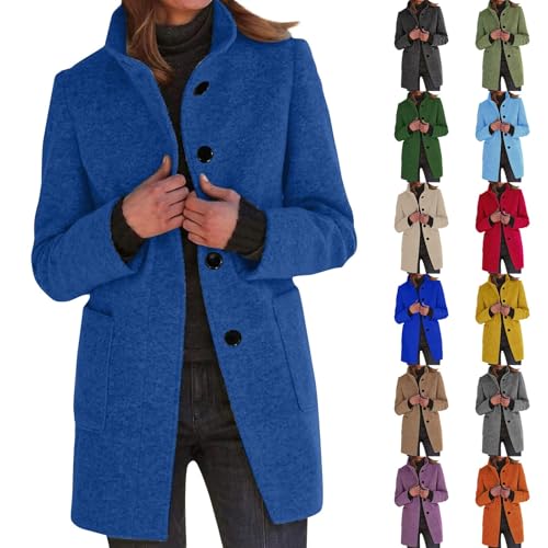 Long Pea Coats for Women Winter Stand Collar Single Breasted Wool Coats Wool Blend Peacoat Thicken Blazer Jacket Boiled Wool Jackets for Women Women's Embroidered Wool Blend Jacket