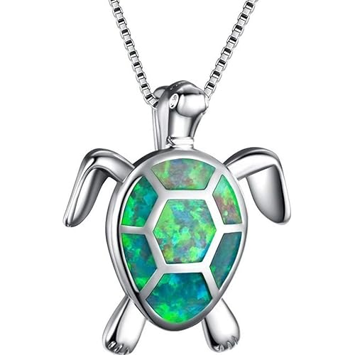 Jude Jewelers White Gold Plated Simulated Opal Small Turtle Pendant Statement Necklace