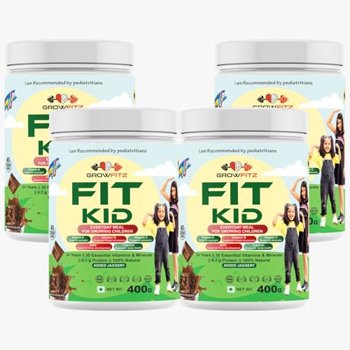 Image of Growfitz FitKid | Natural Healthy Everyday Meal for Kids 2-18 | Supports Bone Strength, Immunity, Brain Development | No Sugar, Only Jaggery | 6.3g Protein | Almonds, Walnut, Ragi, Bajra (Chocolate) (Pack of 4, Chocolate)
