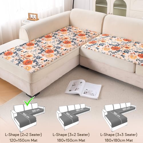 Image of HOKIPO 'Nature Muse' Premium HD Printed Holland Velvet L Shape (2+2 Seater) Sofa Cover Seat Mat, Caramel Ambrosia (IN-915-D8 + IN-916-D8)