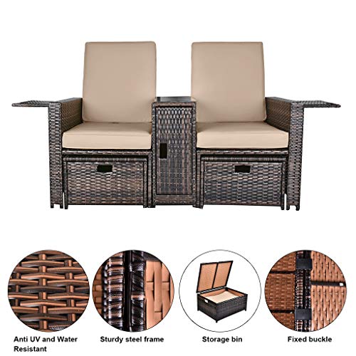 B Baijiawei Patio Wicker Loveseat - Outdoor Rattan Sofa Set With Cushion - Adjustable Lounge Chair With Ottoman Footrest, Wicker Furniture For Garden, Patio, Balcony, Beach, Coffee Bar, Deck #TOP2