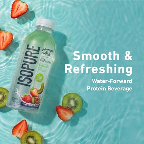 Image of Isopure Clear Protein Water with Electrolytes, 15g Whey Protein Isolate, Zero Sugar, Strawberry Kiwi, 20 fl oz, 12-Pack