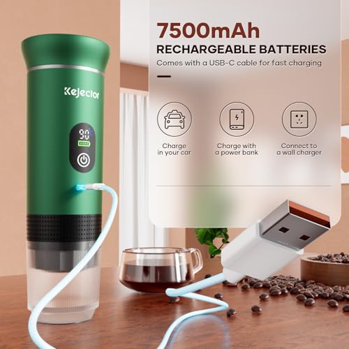 Image of kejector Portable Coffee Maker Espresso Machine for Travel Nano Car Coffee Maker Compatible with Ground Coffee & Capsule for RV, Hiking Camping Office, Travel Espresso Maker Electric Green