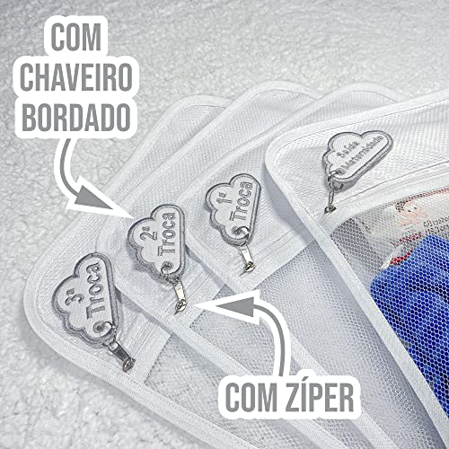 Saquinho Maternidade, Tule Com Zíper 6x Peças Menino E Menina, Branco Com Cinza
