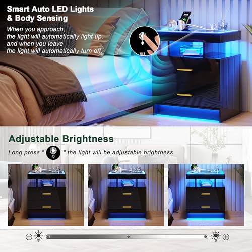Image of HNEBC LED Nightstand with Charging Station (USB,Type-C Ports) High Gloss Bedside Table with 2 Drawers, Smart Night Stand with Auto Sensor Lights,Modern Bed Side Table for Bedroom (Black)