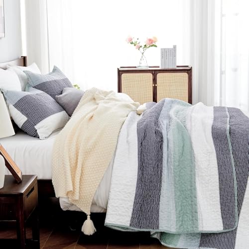 Image of Andency Oversized Queen Quilt Bedding Set, 98x98Inch Sage Green Stripe Bedspread Coverlet 3 Pieces, Soft Lightweight Mint Patchwork Quilted Bed Set for All Season (1 Quilt, 2 Pillowcases)