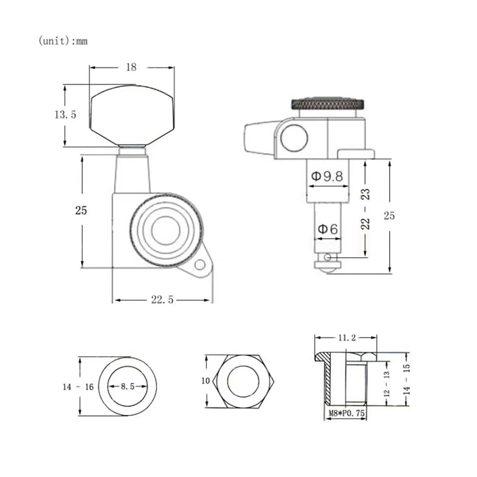 Afinadores de bloqueo cromados for guitarra eléctrica, clavijeros y clavijas de afinación (plata/oro/negro), 6 uds.(Silver-6R)