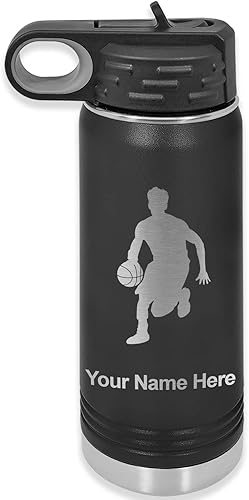 LaserGram Botella de agua con tapa abatible de doble pared de 20 onzas con pajilla, jugador de baloncesto, grabado personalizado incluido (negro)