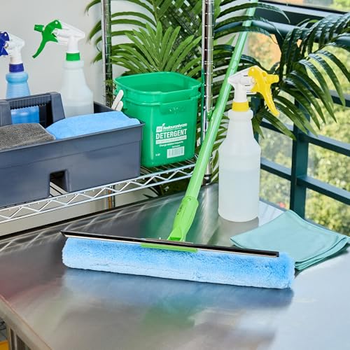 Image of Restaurantware-Clean Tek Professional 2-in-1 Squeegee and Window Scrubber, 1 Dual Head Window Cleaner - Includes T-Bar Handle, Removable and Machine Washable Washer, Blue Plastic Squeegee for Glass