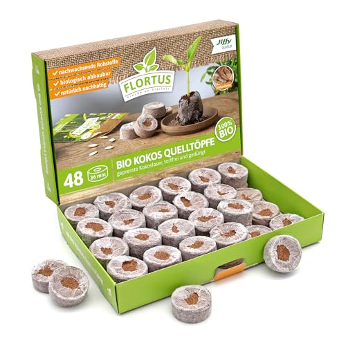 FLORTUS – Kokos Quelltöpfe aus Anzuchterde mit organischem BIO Dünger – 48 Stück Kokos Quelltabletten torffrei & biologisch abbaubar – Quelltabs aus Kokoserde zur Anzucht von Samen & Setzlingen