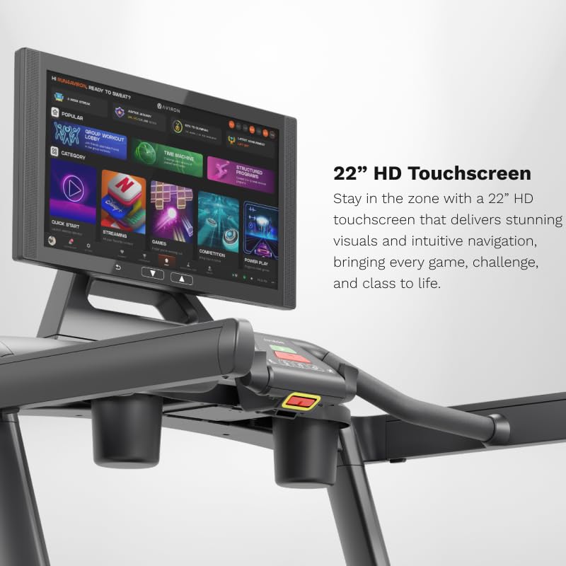 Image of Aviron Victory Treadmill with 22 inch HD Touchscreen. Access to Game-Based Workouts, Streaming, and Classes. Low-Impact 4 inch Step-Up Deck, 3.5 CHP Motor, Up to 12.5 MPH and 12% Incline, Black