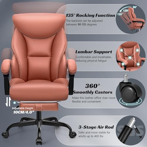 Office Chair, Executive Leather Chair Big and Tall Ergonomic Computer Desk Chair, Comfy Swivel Rolling Reclining Lumbar Support Task Chair with Adjustable High Back Foot Rest for Home Gaming - Image 5