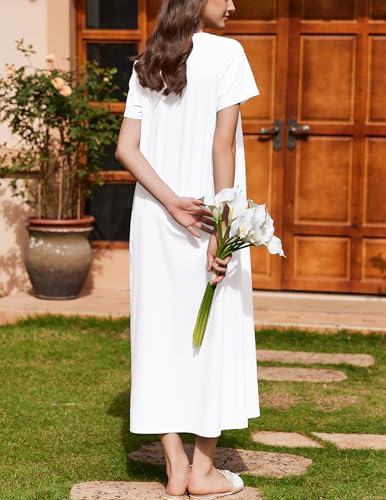 Ekouaer Nightgown for Women Cotton Long Night Gown Short Sleeve Nightdress with Pockets Button Sleepshirt Soft Sleepwear4