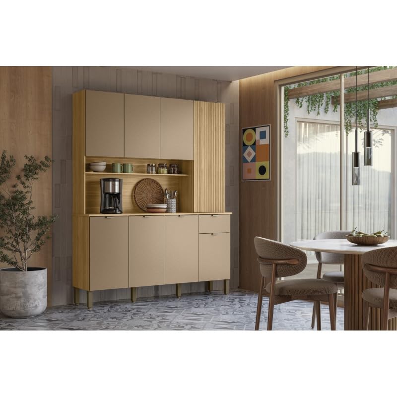ACTUAL DIFFUSION Buffet 8 Portes 1 Tiroir 18 Niches Chêne et Gris Taupe L 161 H 200 P 38.8 cm