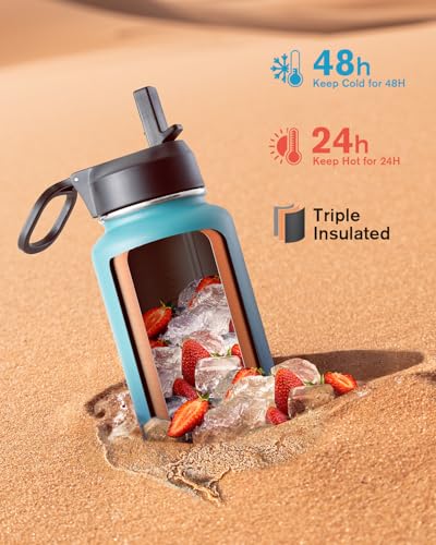 Image of Coolflask 40 oz Water Bottle Insulated with Straw & 3 Leakproof Lids