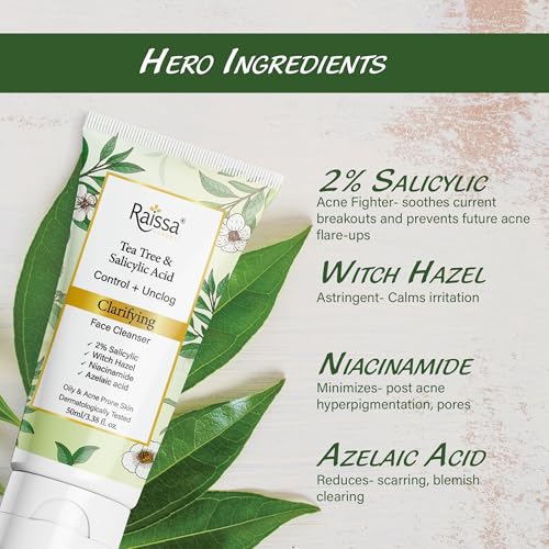 Image of Raissa Clarifying Soap Free Face Wash for oily Acne prone skin - 2% Salicylic Acid, Azelaic Acid, Tea Tree Oil, Niacinamide| reduces Acne & post acne marks, Oil Control, Pore Minimizing | For Men & Women |50 ml