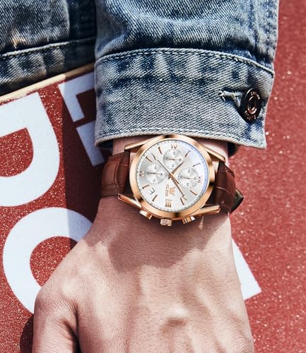 Image of OLEVS Watches for Men Original Analog Quartz Stylish Brown Leather Luxury Business Chronograph Waterproof Date Mens Wrist Watch