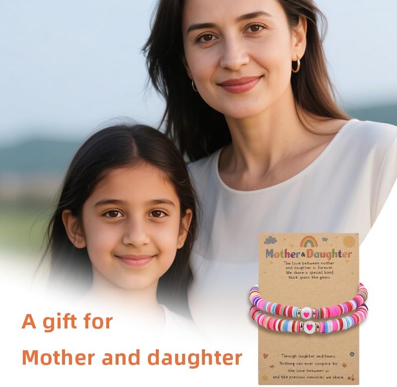 Cute Mother Daughter Bracelet Gifts for Mom Mommy Birthday Christmas Gifts from Daughters Colorful Mom and Me Clay Stackable Bracelets Mommy Daughter I Love You Gift from Mother 2 PCS - Image 5