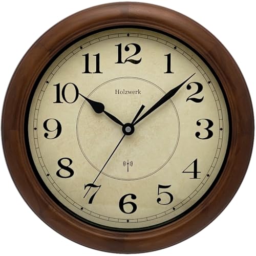 Holzwerk Horloge murale radio-pilotée en bois naturel vintage rétro 35 cm Horloge murale radio-pilotée en bois massif presque silencieuse Marron/beige 35 cm...