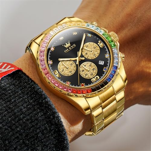 Image of OLEVS Watch for Men Luxury Gold Diamond Chronograph Business Wristwatch with Analog Quartz, Date Calendar, Stainless Steel Band, Luminous Hands, Waterproof