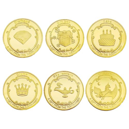 6 monedas de oro de hada de los dientes con caja acrílica, regalo de monedas de hada de los dientes para niños y niñas, regalo de monedas de oro para niños, monedas de oro de hada de los dientes para