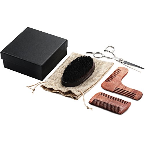 Beard Brush Comb Set for Men Care - Gift Box & Carrying Bag - Best Wood Grooming Kit & Stainless steel scissors for Home Usage and Travel - Great for Dry/Wet Beards - Shine & Softness Beard