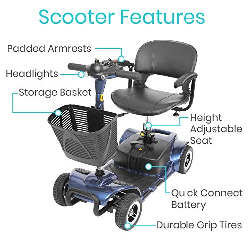 Vive 4 Wheel Mobility Scooter - Electric Powered Wheelchair Device - Compact Heavy Duty Mobile for Travel, Adults, Elderly - Long Range Power Extended Battery with Charger and Basket Included