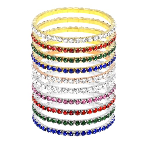 PENTA ANGEL Rhinestone Stretch Bracelets for Women 10Pcs 1920s Colorful Sparking Crystal Tennis Jewelry Bangle for Bridal Wedding Birthday Party Favor (Mixed Color 3mm)