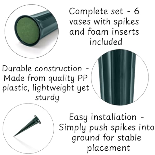 Image of Goaste 6 Pack Cemetery Vases with Foam Inserts, Memorial Floral Vases with Spikes, Grave Flower Holder Cones for Outdoor Use, Lawn Headstone Graveside Decoration, Fresh or Artificial Flowers, Green