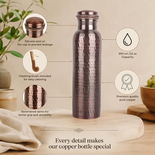 Image of Copper Water Bottle, Copper Drinking Bottle Hammered, 32 oz Antique