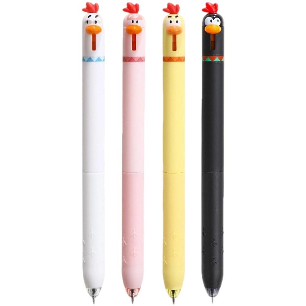 Bemvp Novelty Gel Pens for Kids, 4 Pcs Cartoon Chicken Click Pen, Cute Animals Pens, 0.5mm Black Ink Writing Pens, Girls Boys Kawaii Pens for School Office