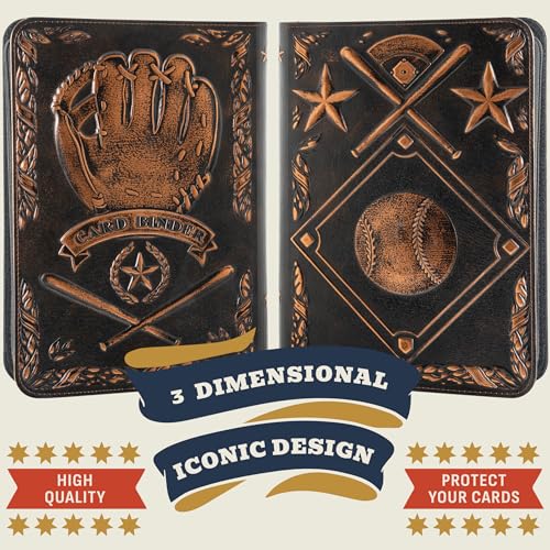 Image of Baseball Card Binder - Stunning 3D Raised & Hand Colorwashed PU Leather Binder - 9 Pocket Album w Zipper - 360 Side Loading Sleeves Book for Baseball Trading Cards - Works with Topps, Bowman, Panini..