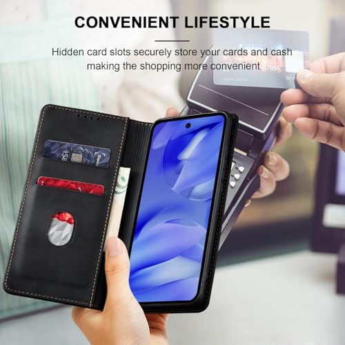 Image of Jasonyu Flip Wallet Case for Google Pixel 9A,Leather Magnetic Folio Cover with Card Holder,Kickstand - TPU Shockproof Durable Protective Phone Case,Black