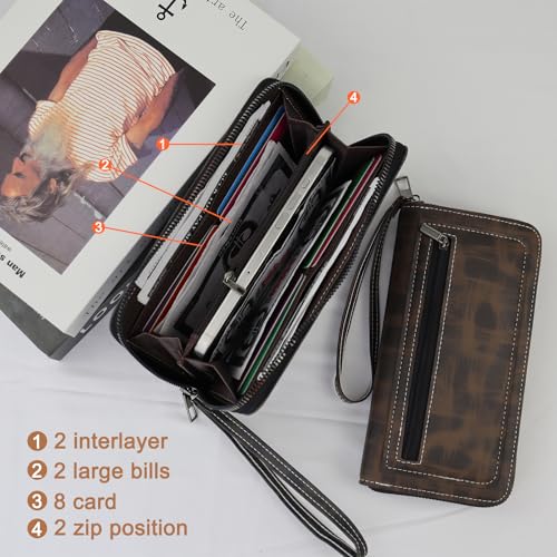 Long Wallets for Men, PU Leather Men's Wallets with Removable Wrist Strap, Multi Card Slot Mens, Zipper Wallets for Men with 8 Card Slots and Zip Coin Pocket (Brown)4