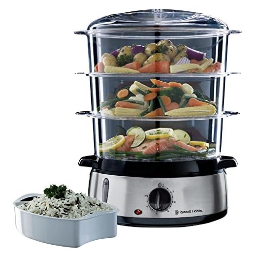 Russell Hobbs Dampfgarer [normale Größe] 9,0l (60 Minuten Timer + Abschaltautomatik, 3 spülmaschinengeeignete Dampfgarbehälter + Reisschale / Reiskocher + 6 Eierhalter /Eierkocher, BPA-frei) 19270-56