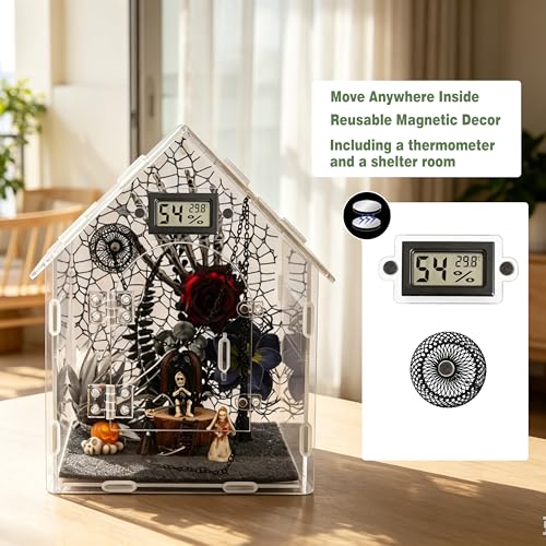Image of Acrylic Jumping Spider Enclosure with Gothic Decor Kit | magnetic lock, feeding port, climbing wall, hide, plants, and gothic figurines