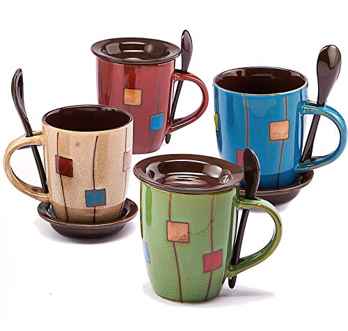 12 oz Coffee Mug Set Great for Coffee Tea and Cappuccino Includes 4 Assorted Color Ceramic Mugs with Saucers and Spoons by - BUREN CERAMICS