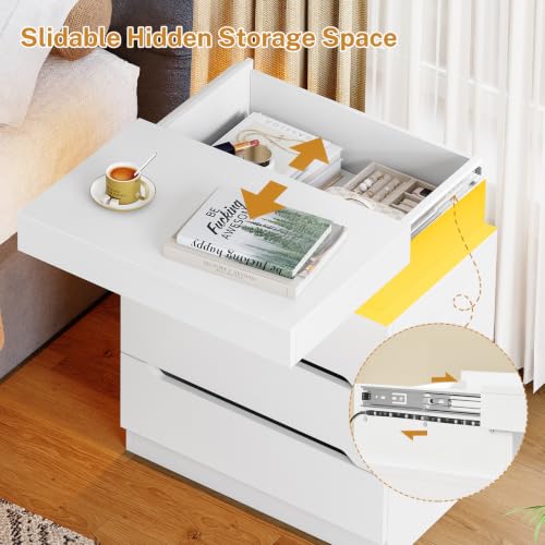 Image of TEENFON Nightstands Set of 2, Night Stand with 3 Drawers, Nightstand with App-Controlled Adjustable LED Light, Bedside Table with Slidable Hidden Storage Space, Modern Nightstands for Bedroom,White