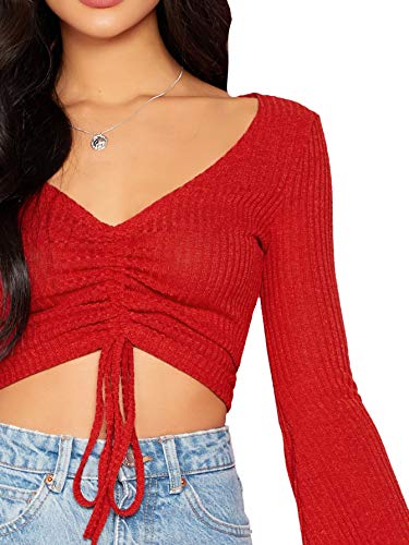 Image of SweatyRocks Women's Adjustable Drawstring String Long Bell Sleeve Rib Knit Sexy Crop Top