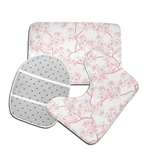 DIRYKILP Badematte + Konturmatte + Toilettendeckelbezug, Kirschblüte 3 Stück Badematte Set, mit rutschfester Klebeunterseite – Bild 5